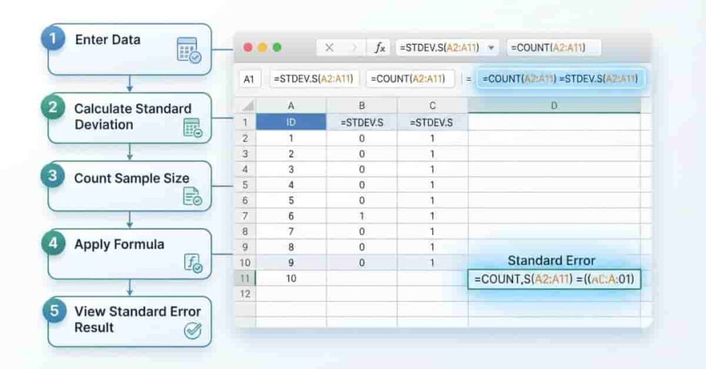 Step-by-step method to calculate standard error in Excel using the STDEV.S formula.