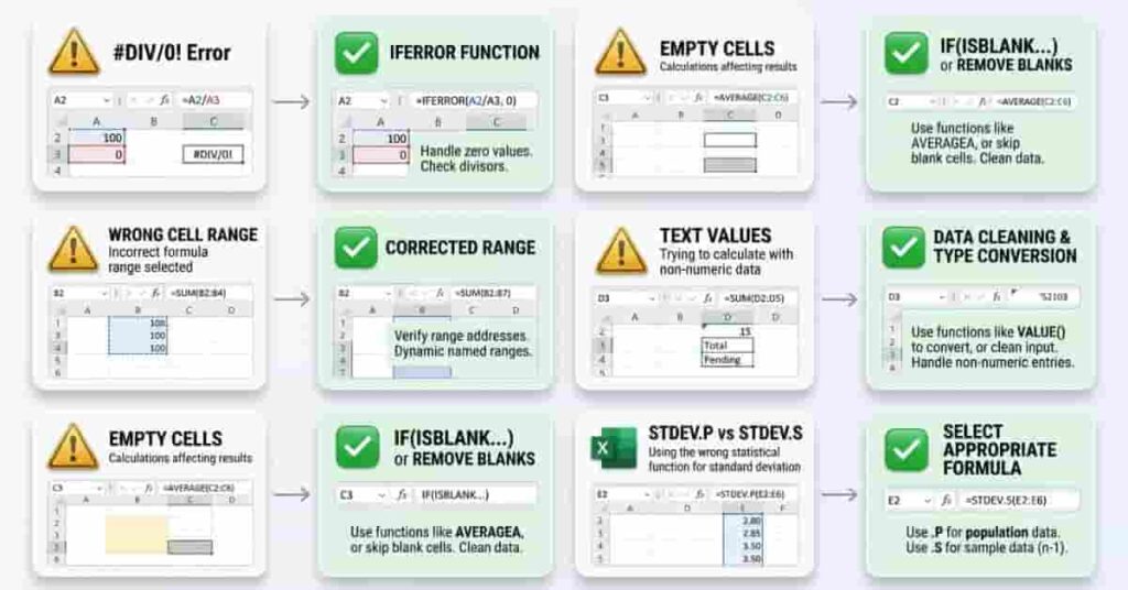 Common Excel errors and solutions when calculating the standard error of the mean.