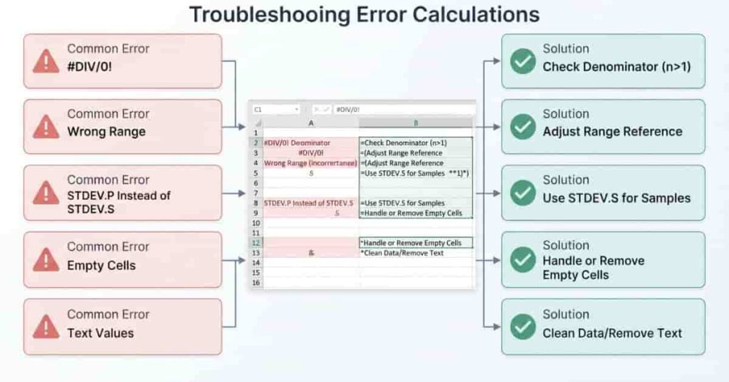 Common Excel standard error calculation errors and solutions shown in a troubleshooting infographic.