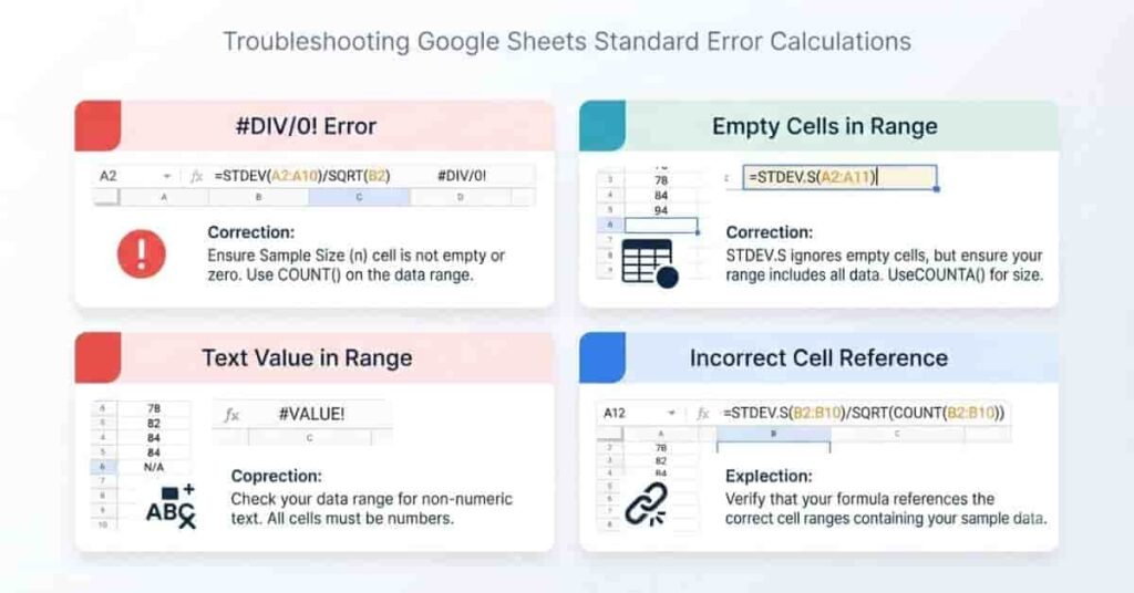 Common Google Sheets errors affecting standard error calculations and solutions