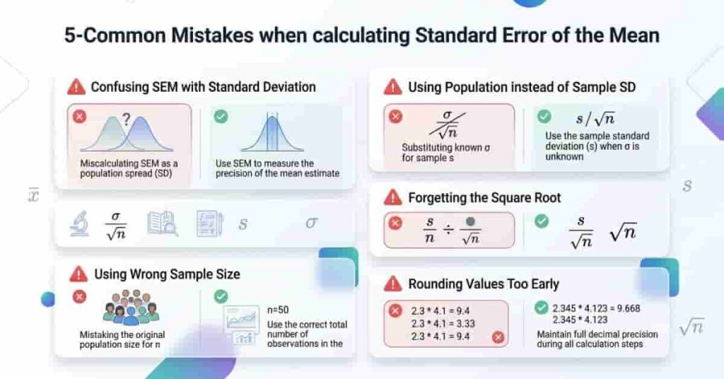 Infographic showing common mistakes when calculating the Standard Error of the Mean and how to avoid them.