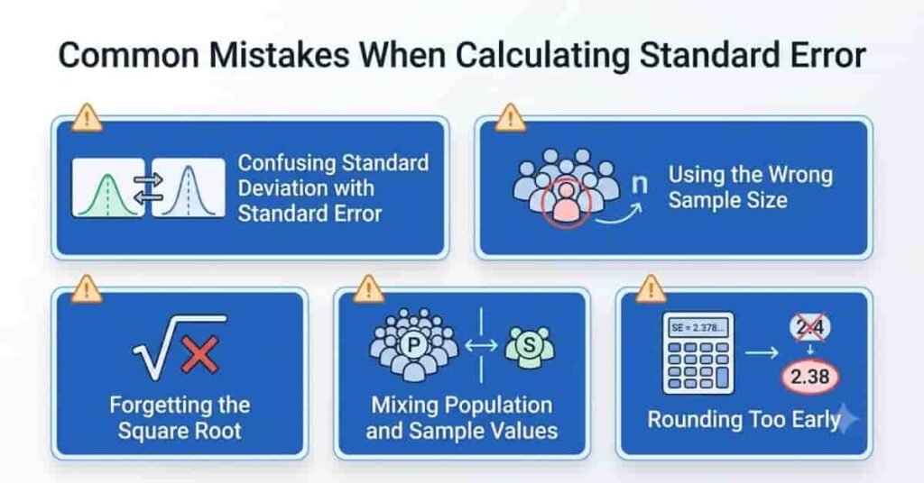 Infographic highlighting five common mistakes when calculating standard error in statistics.