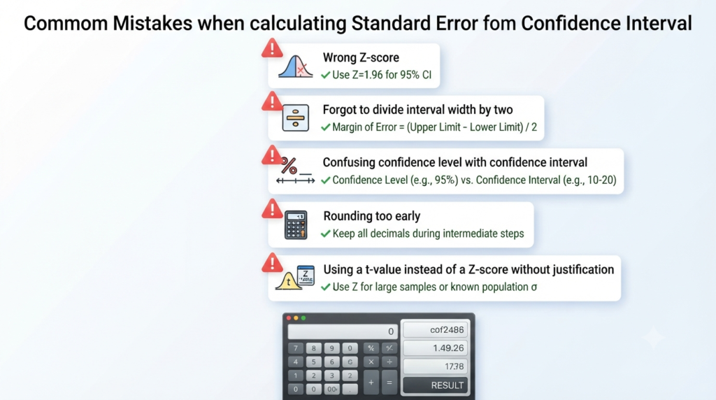 Infographic showing common mistakes when calculating standard error from a confidence interval and how to avoid them.