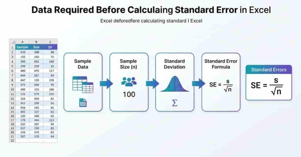Data required before calculating standard error in Excel including sample size, standard deviation, and sample data.