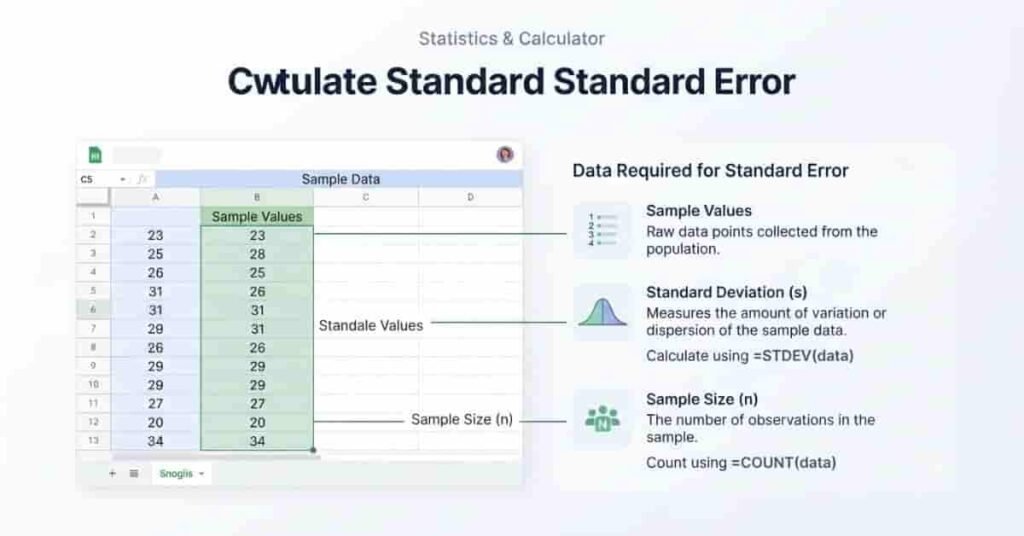 Google Sheets sample data layout showing requirements for standard error calculation