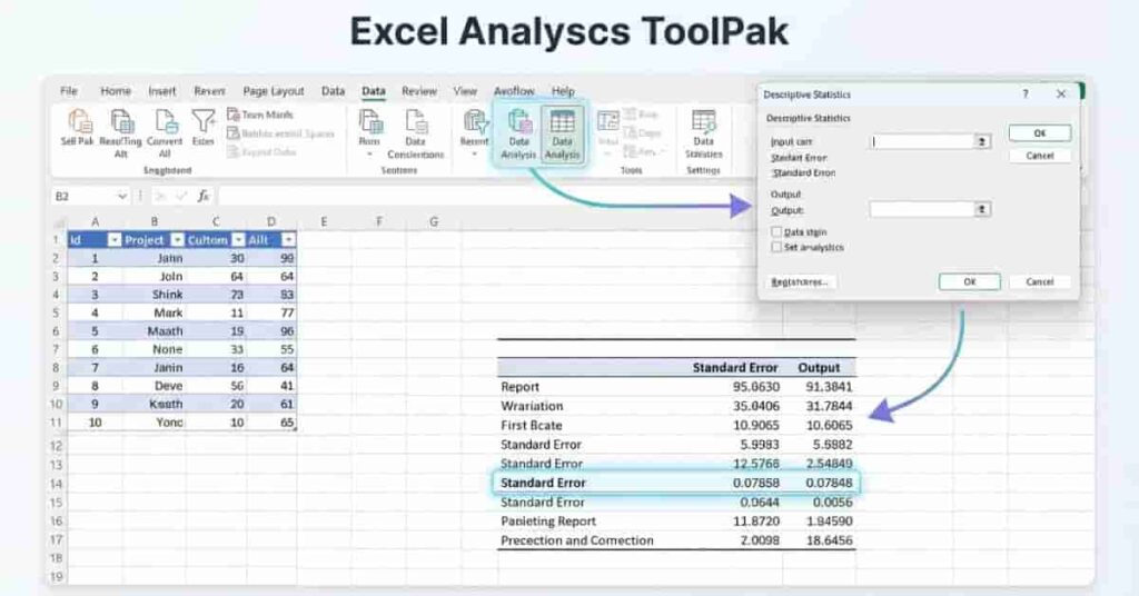 Excel Data Analysis ToolPak showing descriptive statistics and standard error output.