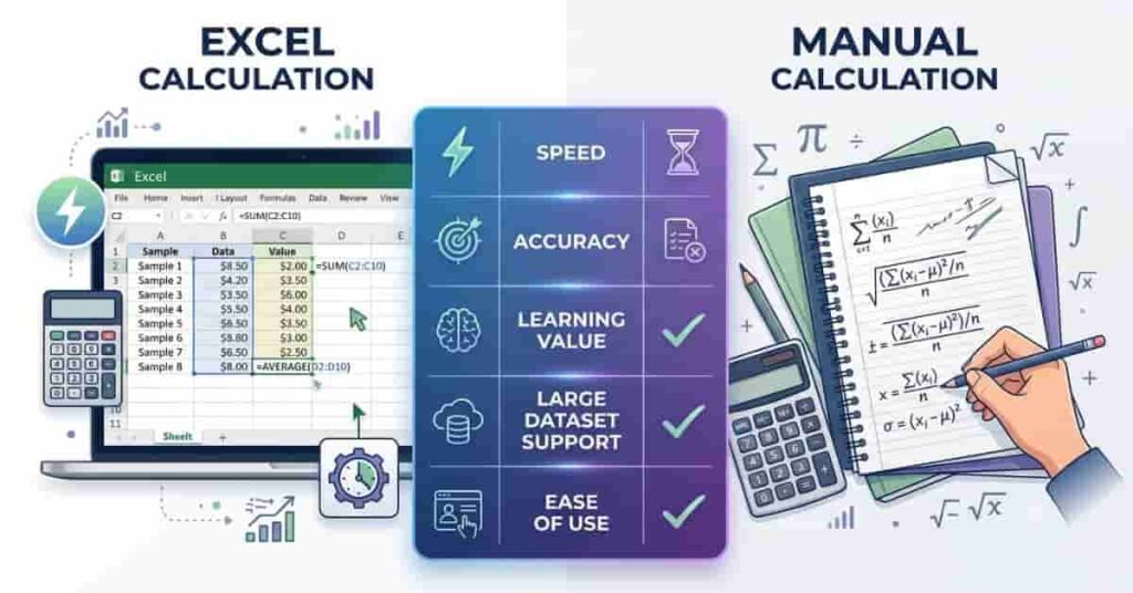 Comparison infographic showing Excel versus manual standard error of the mean calculation methods.