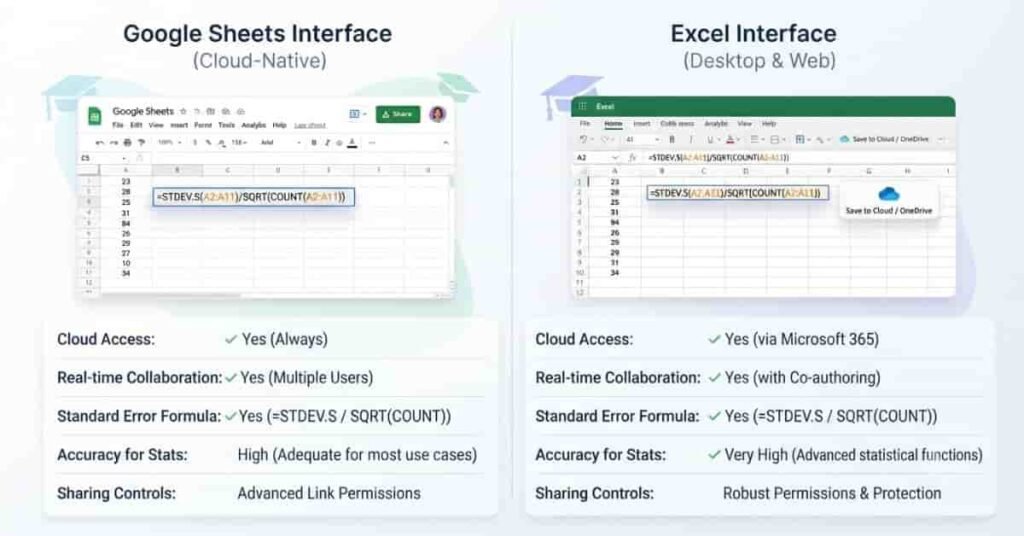 Google Sheets vs Excel comparison for standard error calculation features