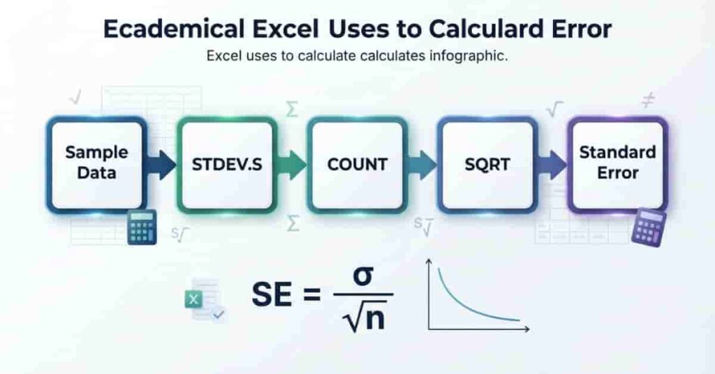 Flowchart showing how Excel calculates standard error using sample standard deviation and sample size.