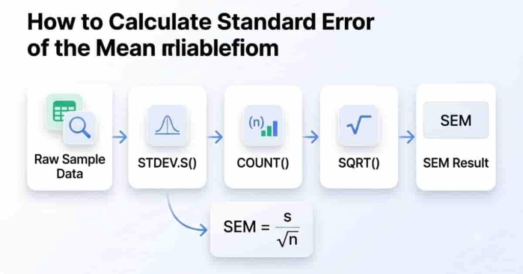 Flow diagram showing how Excel calculates the standard error of the mean from sample data.