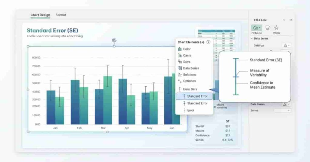 Excel chart showing how to add standard error bars using the Chart Elements menu.