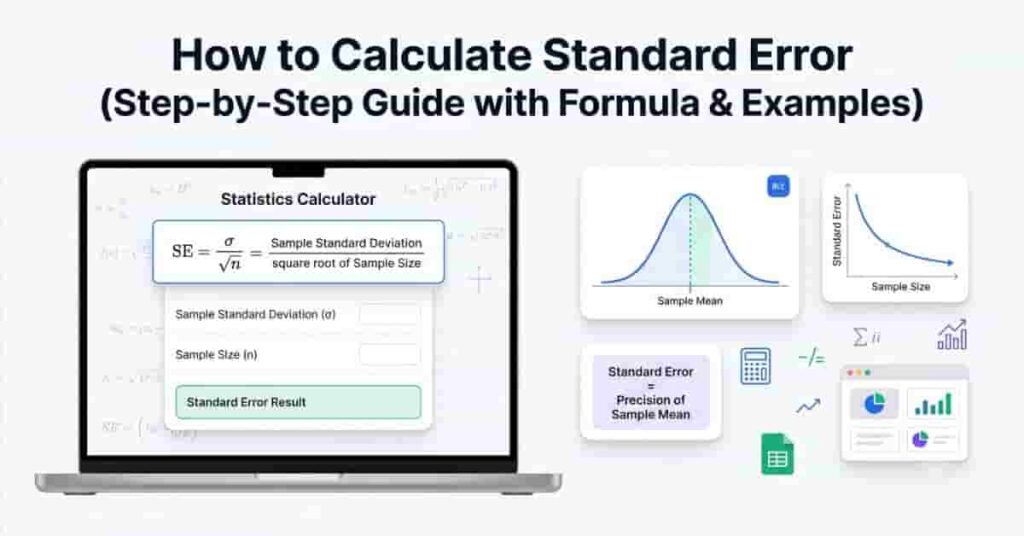 How to calculate standard error with formula, sample size, standard deviation, and statistical calculation infographic.