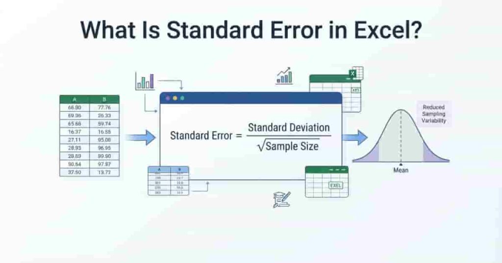 How to calculate standard error in Excel using the STDEV.S formula with a sample dataset and step-by-step statistical analysis.