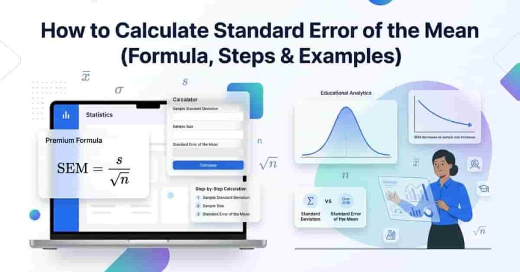 Professional illustration explaining how to calculate the Standard Error of the Mean using the SEM formula, calculator interface, bell curve, and statistical charts.