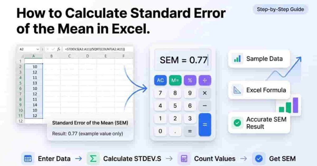 How to calculate the standard error of the mean in Excel using the STDEV.S formula with a step-by-step Excel worksheet example.