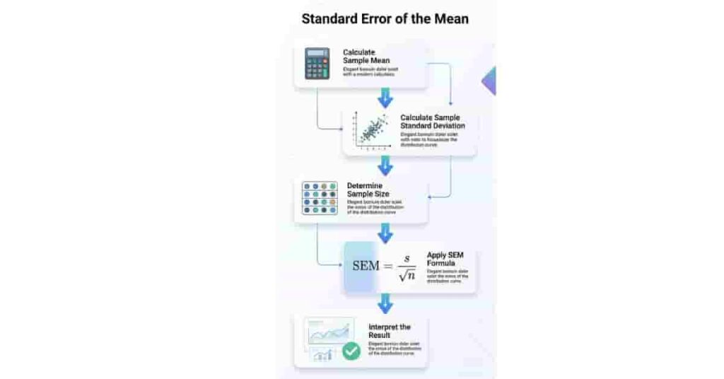 Step-by-step infographic showing how to calculate the Standard Error of the Mean from sample data.