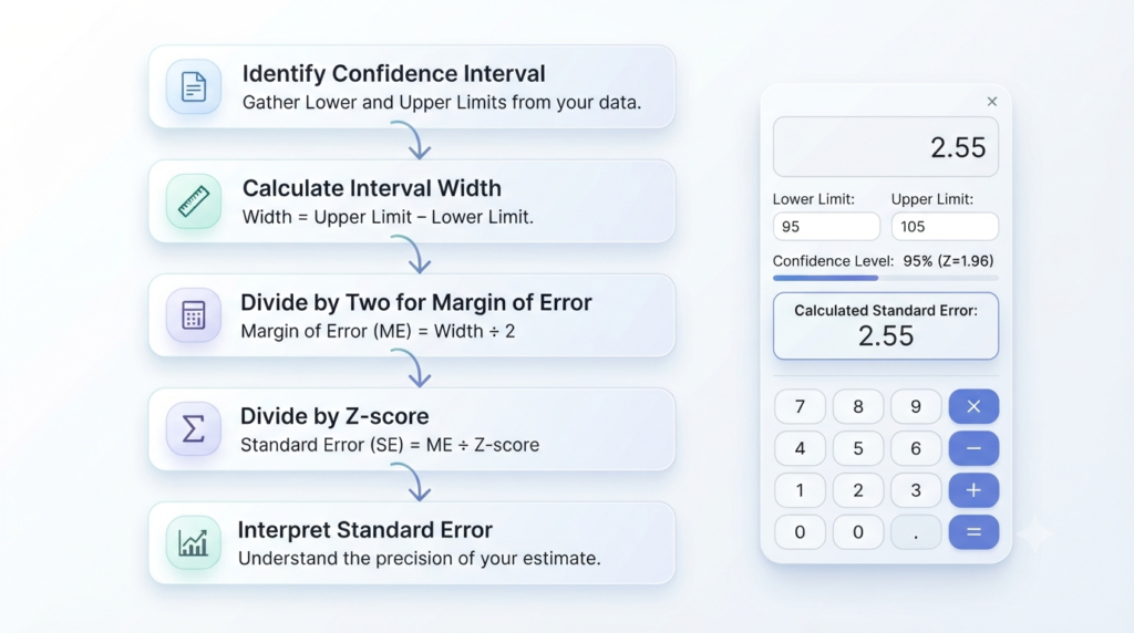 Step-by-step guide showing how to calculate standard error from a confidence interval using a simple workflow.