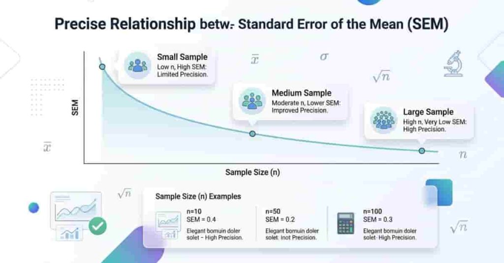 Line chart showing how the Standard Error of the Mean decreases as sample size increases.