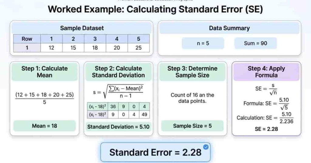 Worked example showing how to calculate standard error using a sample dataset, mean, standard deviation, sample size, and formula.