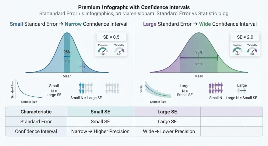 Infographic showing the relationship between standard error, confidence interval width, sample size, and precision.