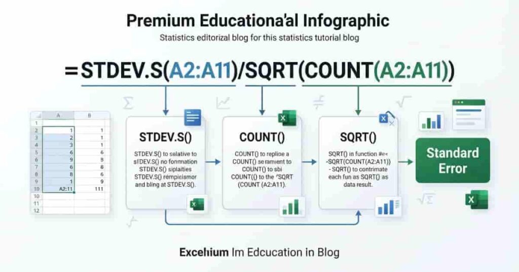Excel standard error formula using STDEV.S COUNT and SQRT functions explained visually.