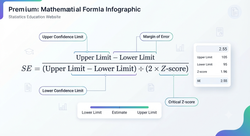 Formula infographic showing how to calculate standard error from a confidence interval using upper limit, lower limit, and Z-score.