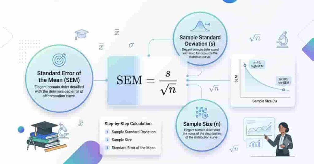 Standard Error of the Mean formula infographic showing SEM equals sample standard deviation divided by the square root of sample size.