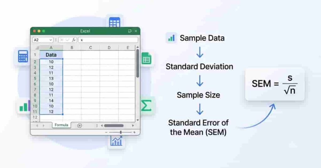 Educational infographic explaining the standard error of the mean in Excel using sample data, standard deviation, and sample size.