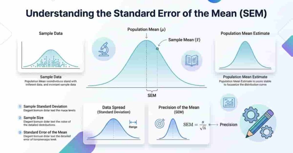 Infographic explaining the Standard Error of the Mean with sample mean, population mean, and sampling precision.