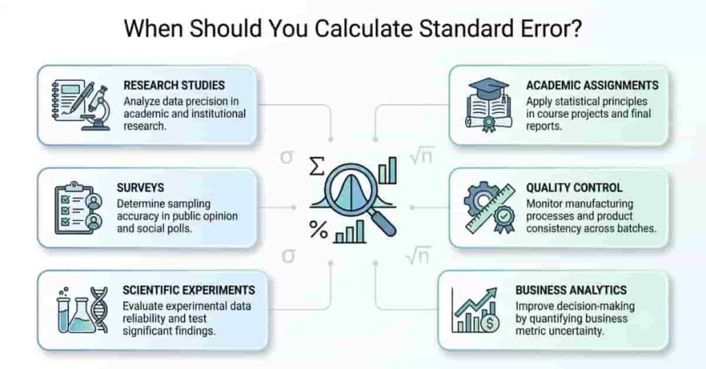 Infographic showing common situations where standard error is used in research, surveys, scientific experiments, business analytics, quality control, and academic assignments.