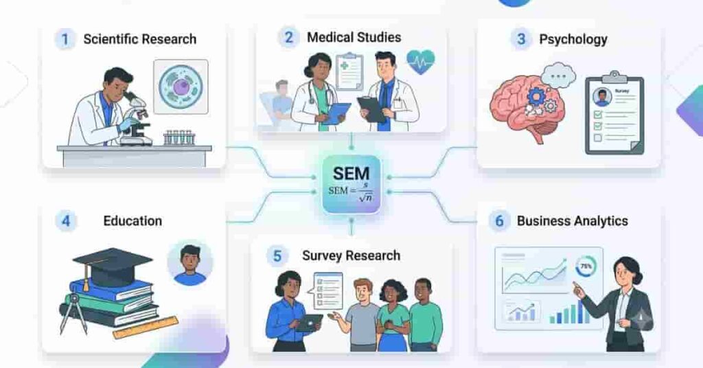 Infographic showing common uses of the Standard Error of the Mean in research, education, medicine, psychology, surveys, and business.