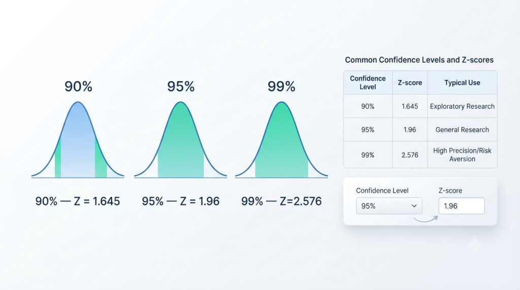 Comparison of Z-scores for 90%, 95%, and 99% confidence intervals with normal distribution curves.
