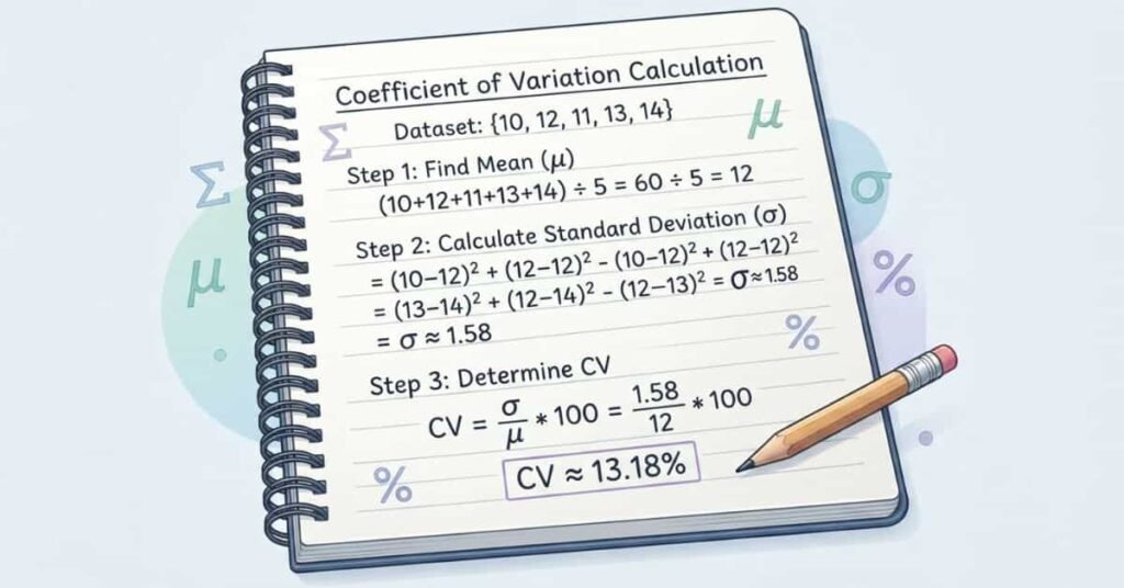 Manual coefficient of variation calculation using a dataset, mean, and standard deviation
