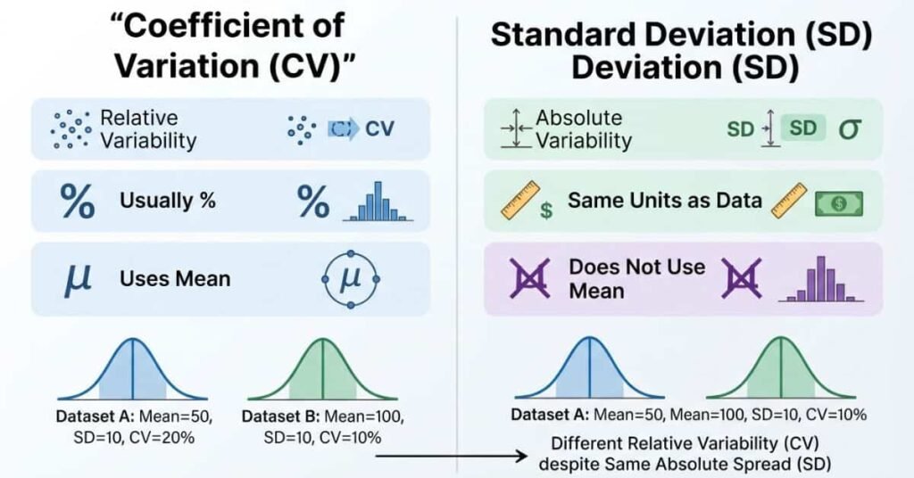 Coefficient of variation vs standard deviation comparison showing relative and absolute variability