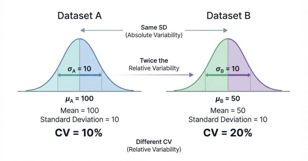 Why coefficient of variation is useful for comparing relative variability